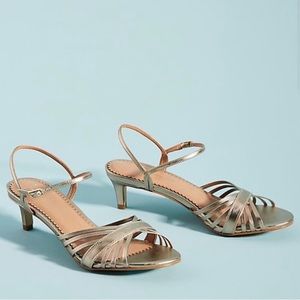 Anthropologie Metallic Gold Leather Kitten Heel Sandals